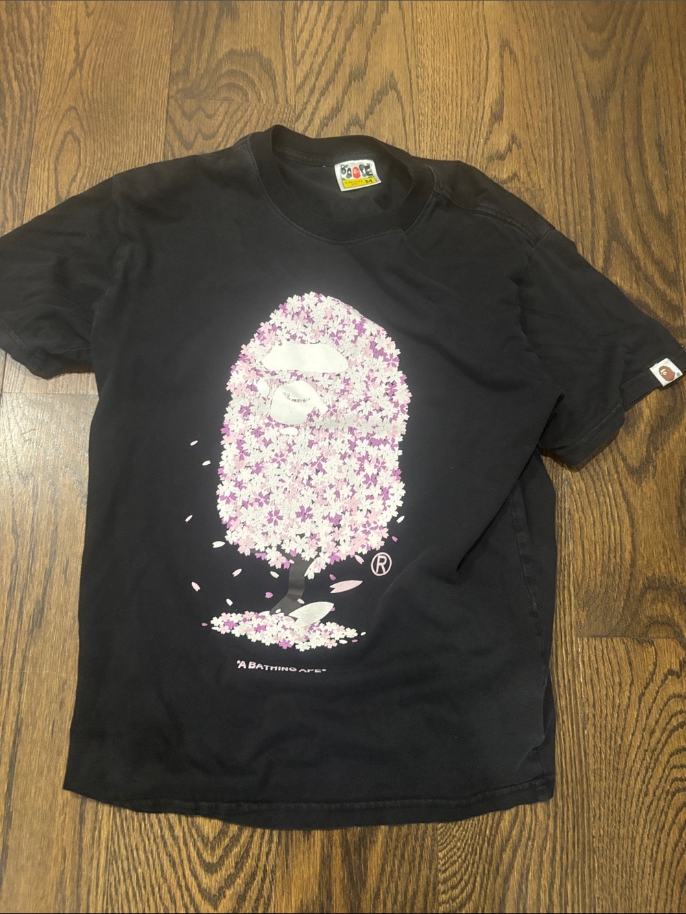Bape Black Tee with Pink Sakura Ape Head Graphic